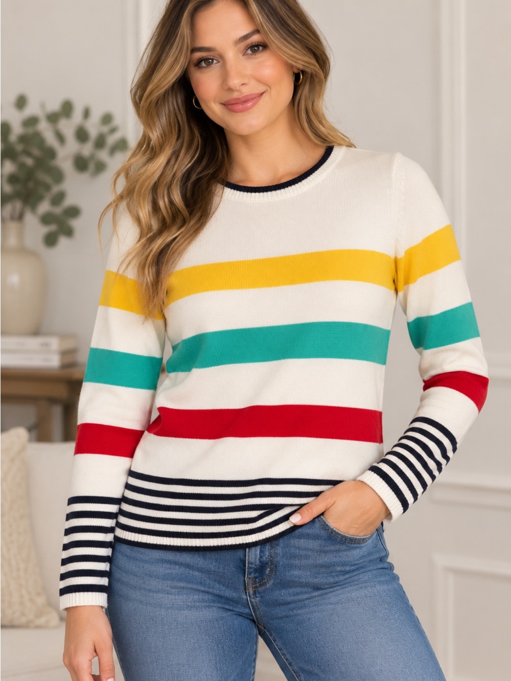 Talbots Cream Crewneck Sweater with Yellow, Teal & Red Stripes, size XS.